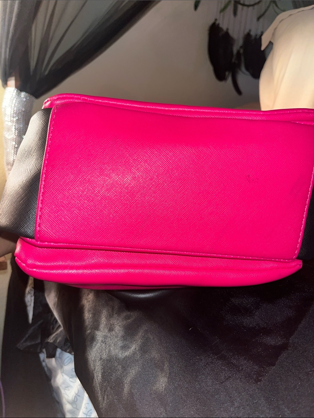 Betsey Johnson Hot Pink, White & Black Satchel with Gold Accents - Picture 6 of 6